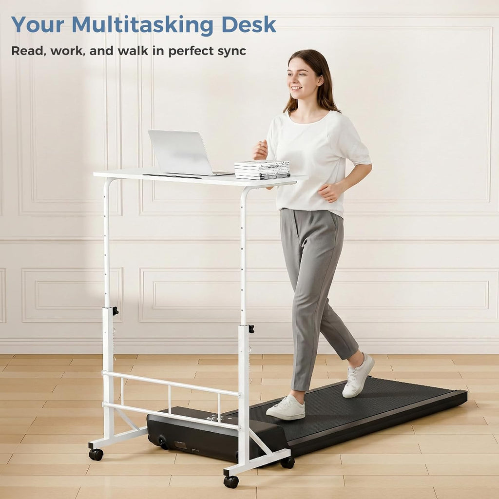 31.5 Adjustable Height Mobile Desk with Locking Wheels & Pin-Lock, Portable Workstation for Walking Pad & Active Home Office, White