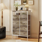 TV Stands for Living Room with 8 Drawers, Tall 8-Drawer Chest of Drawers with Raised Shelf, Storage Tower with Fabric Bins for Organization, Hallway Storage, Oak