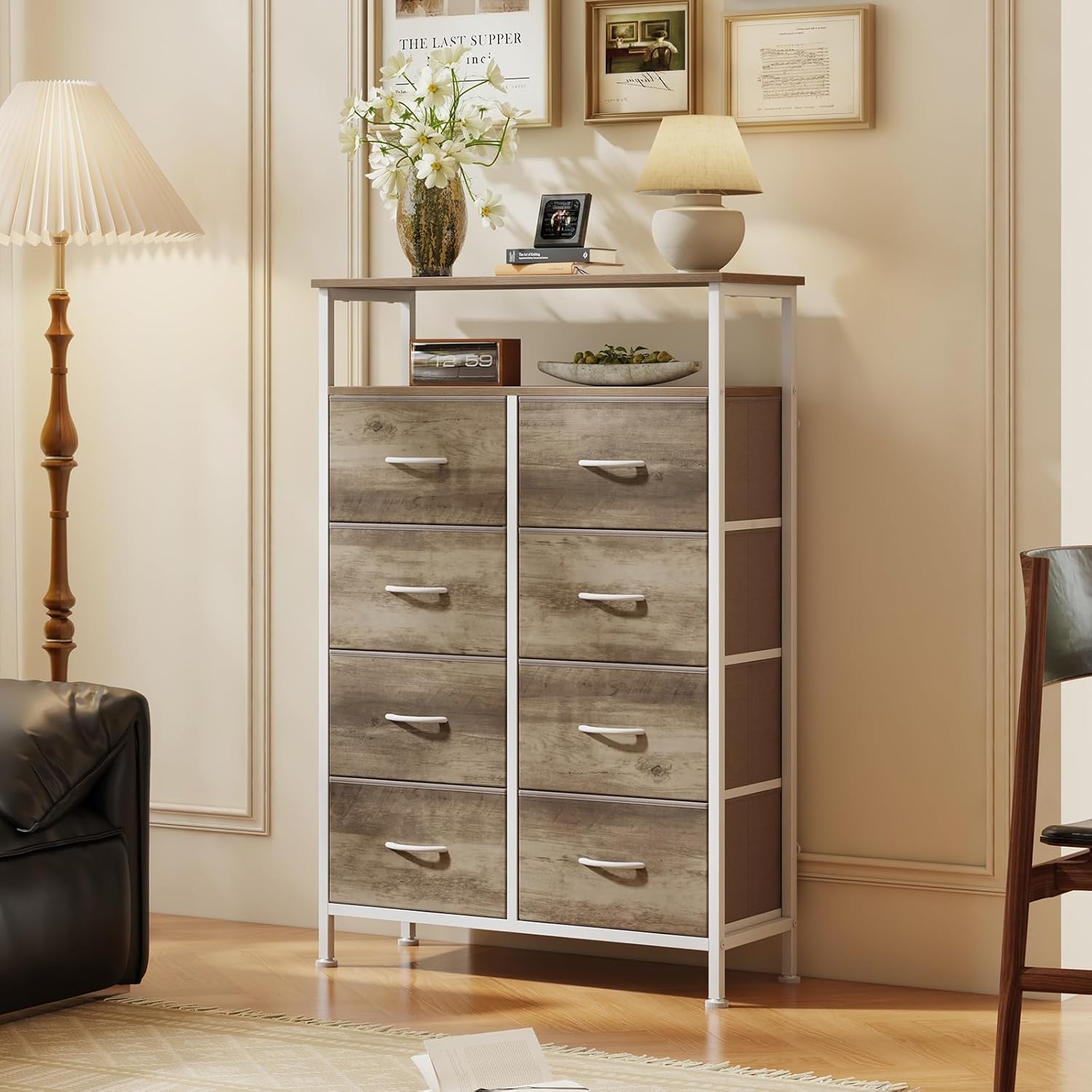 TV Stands for Living Room with 8 Drawers, Tall 8-Drawer Chest of Drawers with Raised Shelf, Storage Tower with Fabric Bins for Organization, Hallway Storage, Oak