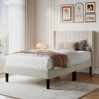 Twin Size Bed Frame with Modern Fabric Upholstered Wingback Headboard & Wooden Slats, 500lbs Capacity, No Box Spring Needed, Easy Assembly Upholstered Platform Bed, Beige