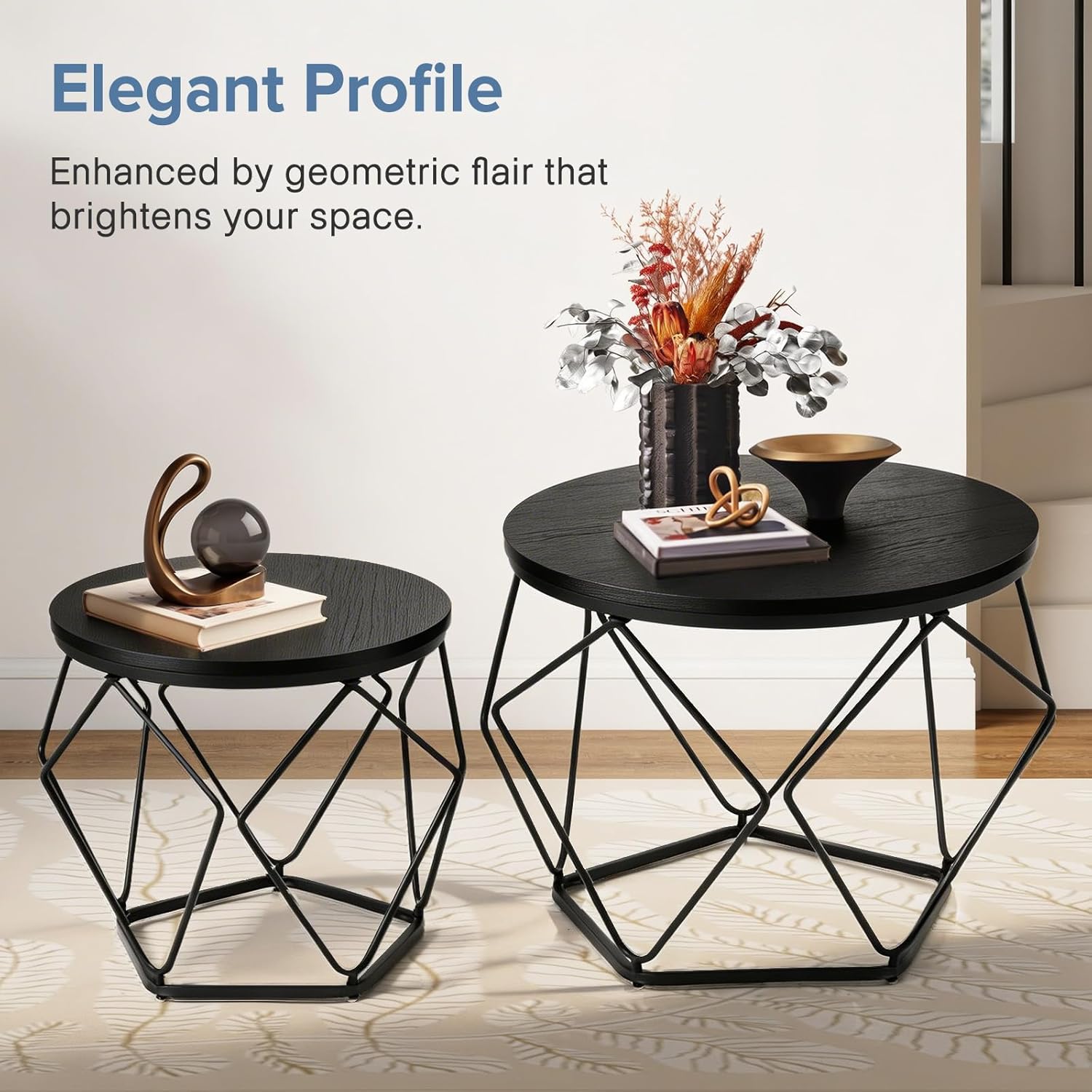 Modern Geometric Coffee Table Set of 2, Round Nesting Side Tables with Hidden Storage, Movable End Tables for Living Room Decor & Practical Use