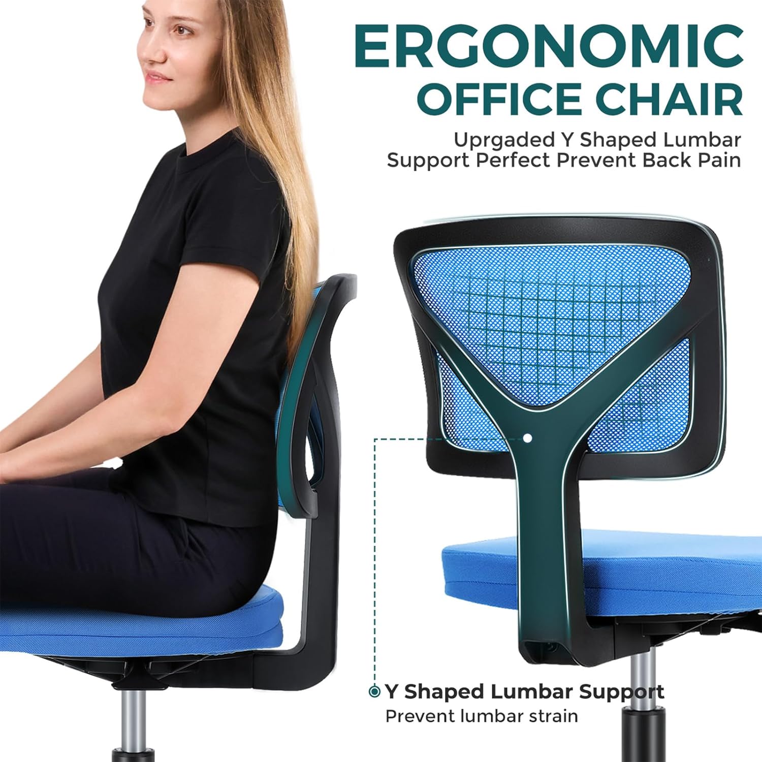 Armless Desk Chairs Set of 2, Ergonomic Adjustable Home Office Swivel Rolling Task Chair No Arms, Comfy Mesh Mid Back Computer Work Vanity Desk Chiars with Wheels for Small Spaces, Blue