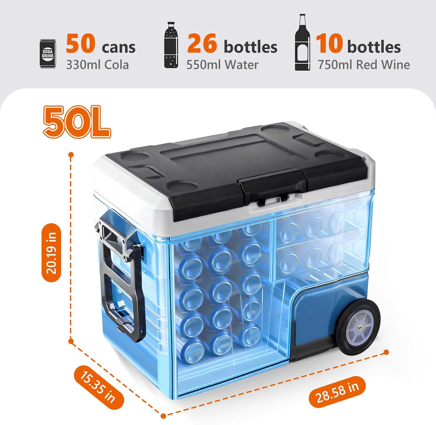 Portable Car Refrigerator, 53QT Dual-Zone Electric Cooler for Vehicles with Wheels & Cutting Board, -4?H-68?H Freezer Smart Control via Bluetooth, Battery Protection, 12/24V DC & 100-240V AC