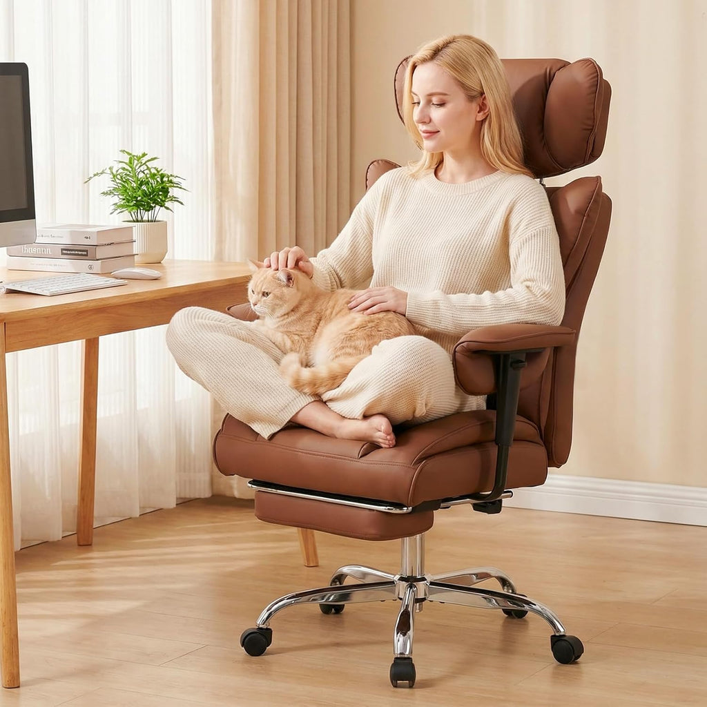 Big and Tall Home Office Desk Chair, Gaming Computer Chair, Executive Ergonomic Chair with Footrest, High Back Reclining, Adjustable Armrests and Comfy Lumbar Support, PU Leather, Brown