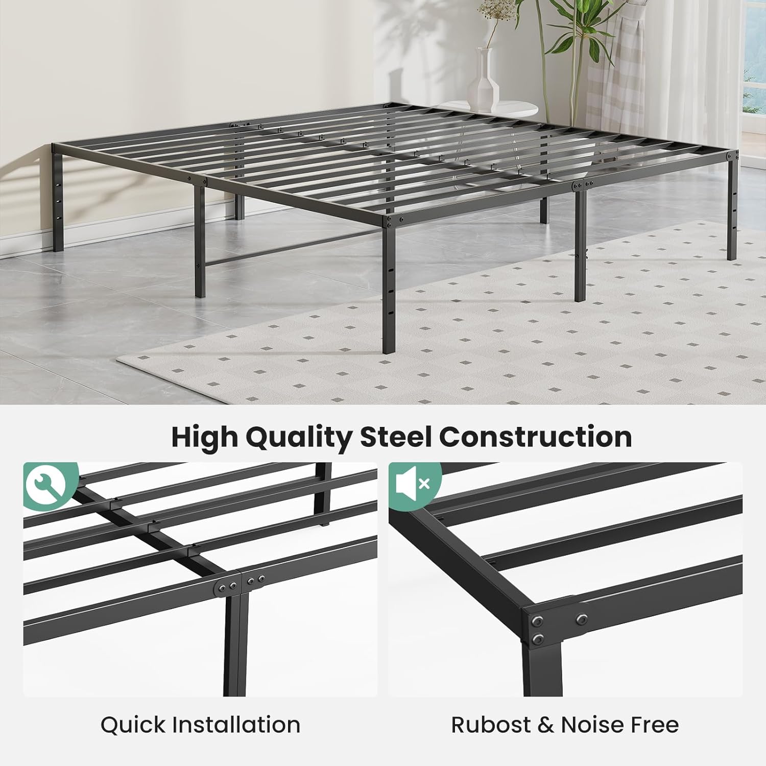 Queen Size 18 Inch Platform Bed Frame, Heavy Duty Metal Foundation Frame, Noise-Free Sturdy Steel Slats, Underbed Storage, No Box Spring Needed, Quick Setup