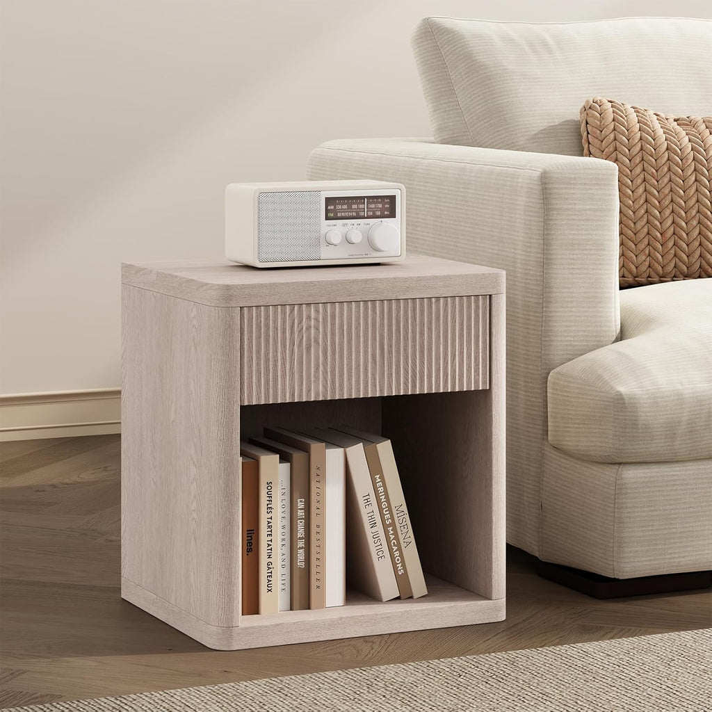 22.7 Modern Night Stand with Drawer and Open Shelf, Mid Century Bedside Table for Bedroom, Wood End Table with Fluted Front, Sturdy Compact Sofa Side Table, White Oak
