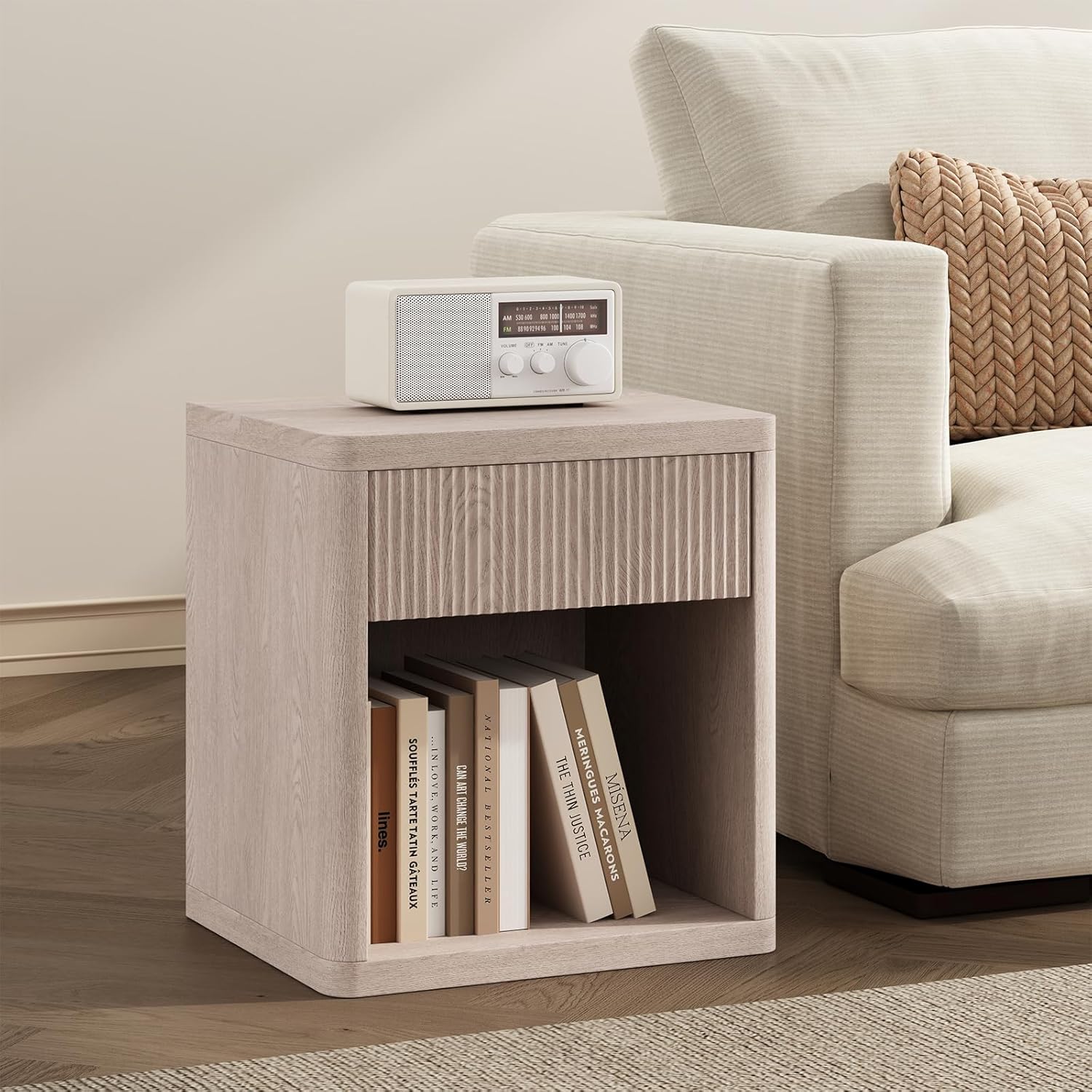 22.7 Modern Night Stand with Drawer and Open Shelf, Mid Century Bedside Table for Bedroom, Wood End Table with Fluted Front, Sturdy Compact Sofa Side Table, White Oak