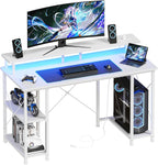 L Shaped Gaming Desk with Shelves Storage Drawers 52'', White Computer Desks with LED Lights Power Outlets, Office Wood Table with PC Stand Cable Management for Bedroom Dual Monitor Streaming