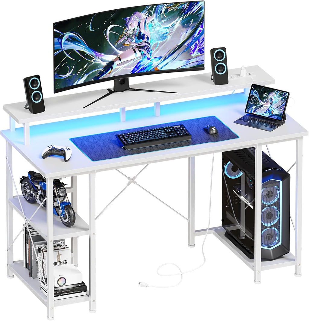 L Shaped Gaming Desk with Shelves Storage Drawers 52'', Black Computer Desks with LED Lights Power Outlets, Office Wood Table with PC Stand Cable Management for Bedroom Dual Monitor Streaming