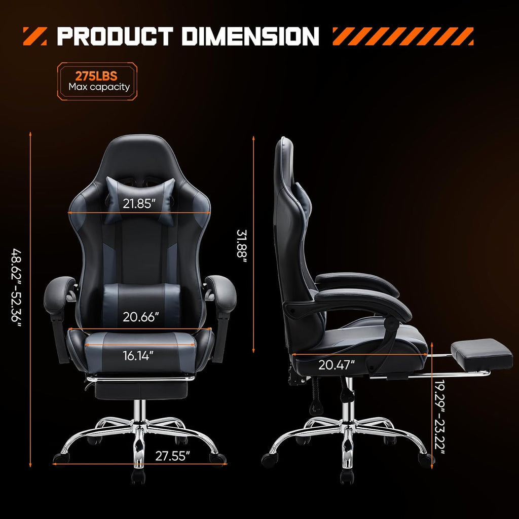 Computer Video Game Desk Chair - Ergonomic Comfy Lumbar Support with Footrest, PU Leather Recliner with Headrest, Fixed Up Armrest, Height Adjustable and 360?? Swivel, for Adults, Grey