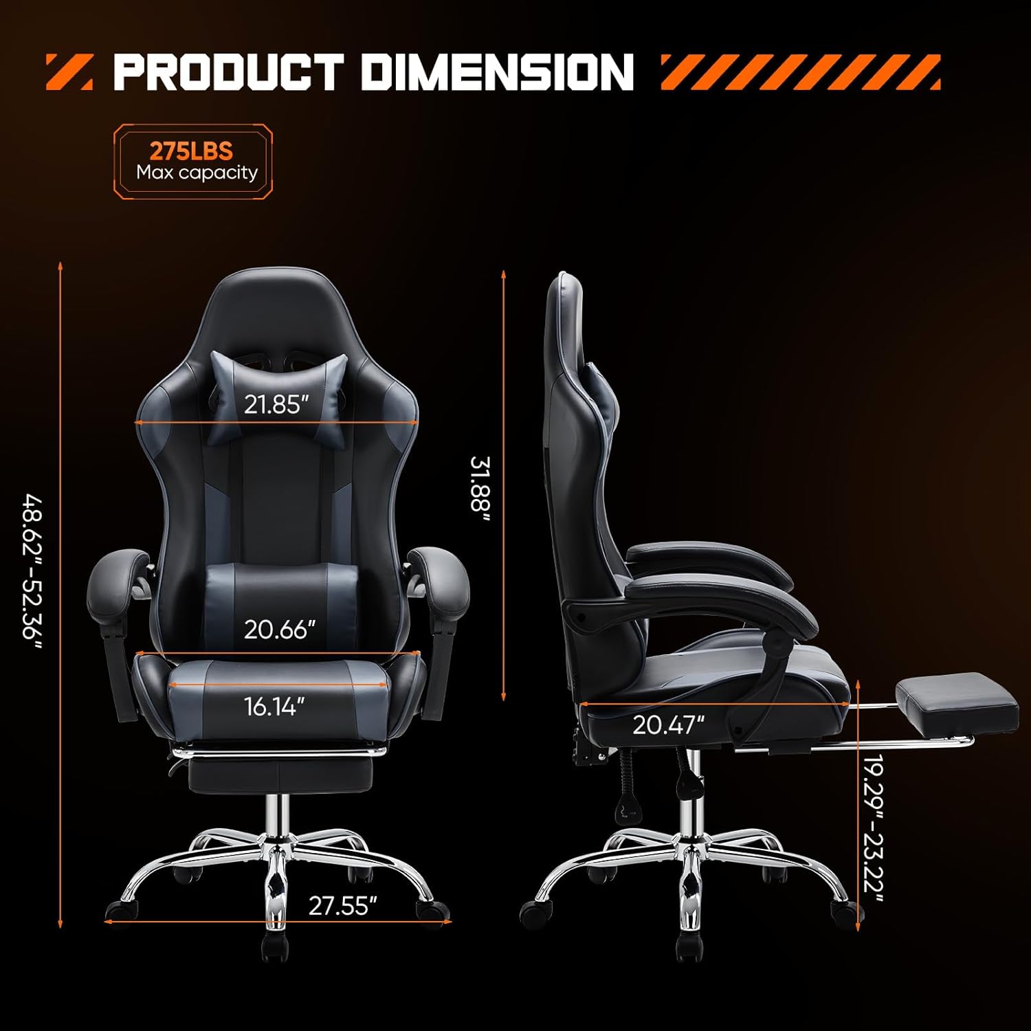 Computer Video Game Desk Chair - Ergonomic Comfy Lumbar Support with Footrest, PU Leather Recliner with Headrest, Fixed Up Armrest, Height Adjustable and 360?? Swivel, for Adults, Grey