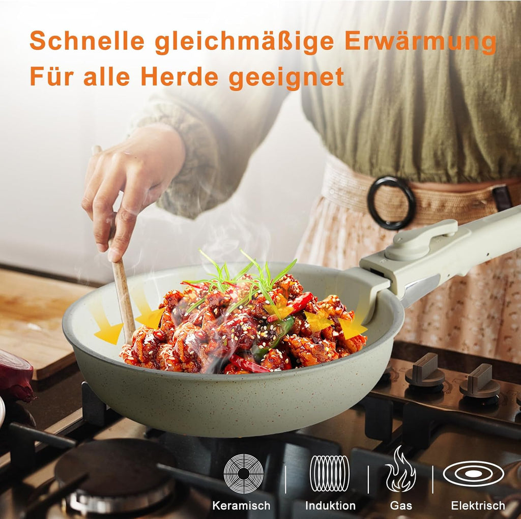 12 Pcs Pots and Pans Set, Nonstick Kitchen Cookware Set, Induction Cooking Sets Detachable Handle, Beige