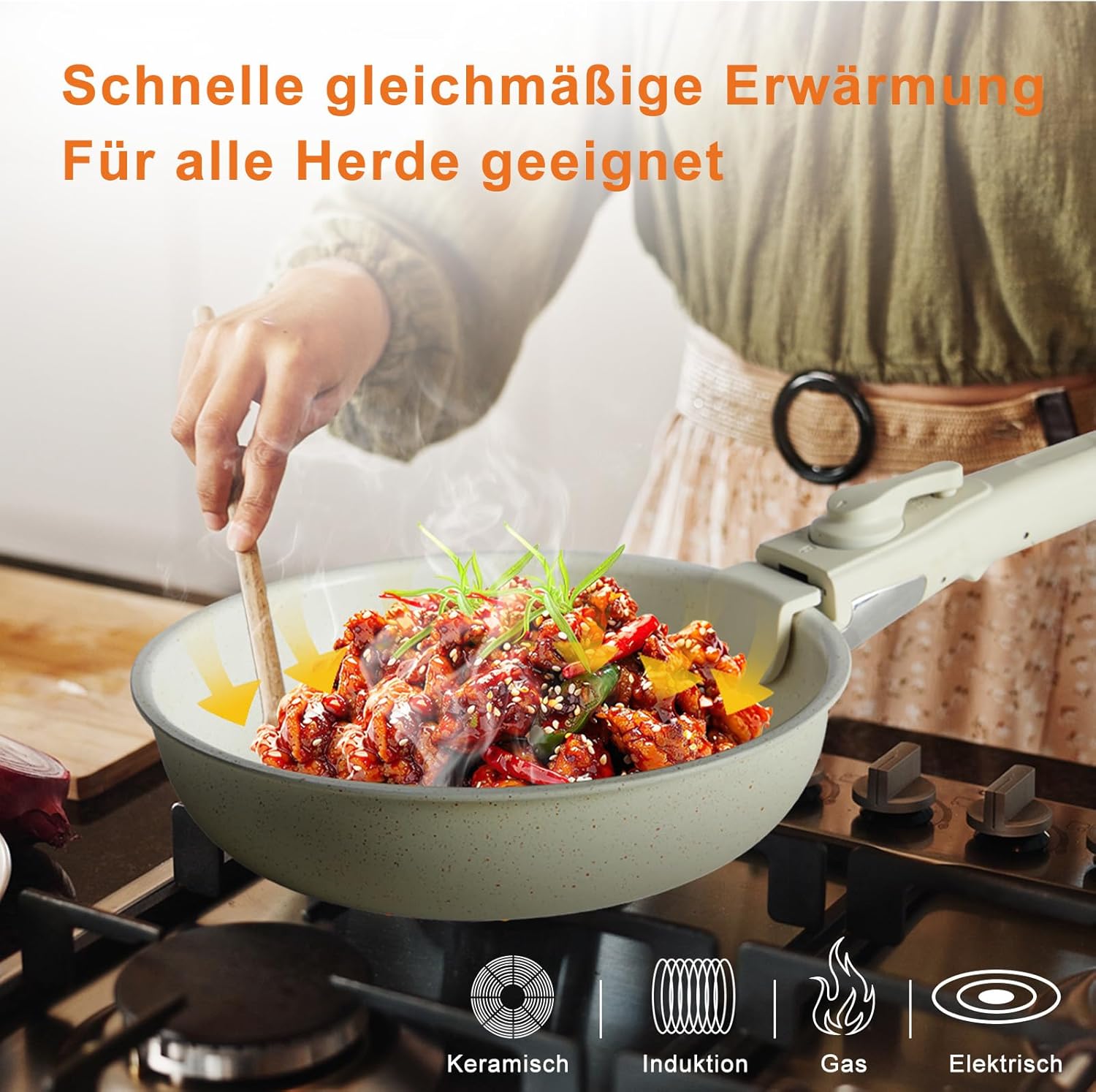 12 Pcs Pots and Pans Set, Nonstick Kitchen Cookware Set, Induction Cooking Sets Detachable Handle, Beige