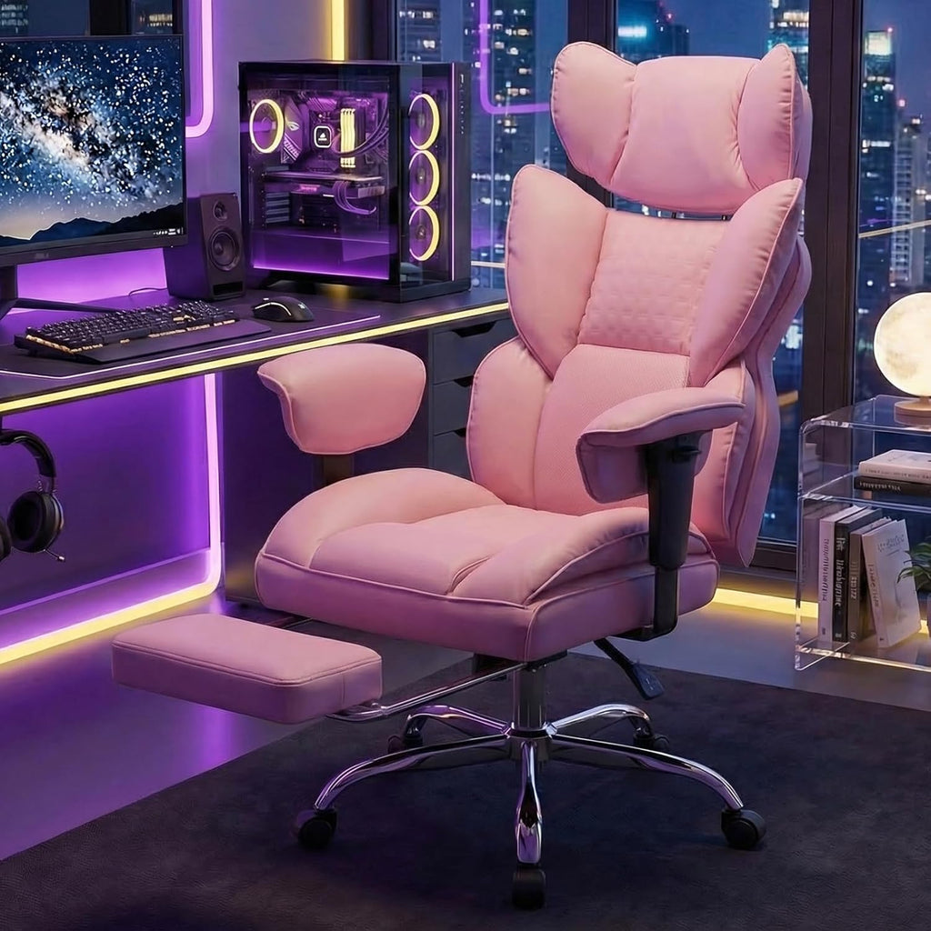 Big and Tall Home Office Desk Chair, Gaming Computer Chair, Executive Ergonomic Chair with Footrest, High Back Reclining, Adjustable Armrests and Comfy Lumbar Support, PU Leather, Pink
