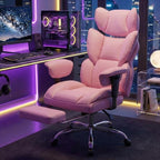 Big and Tall Home Office Desk Chair, Gaming Computer Chair, Executive Ergonomic Chair with Footrest, High Back Reclining, Adjustable Armrests and Comfy Lumbar Support, PU Leather, Pink
