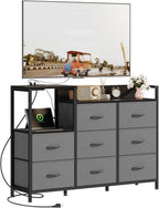 TV Stand for Up to 45 inch TV, Wood Top TV Media Console Table with 6 Fabric Drawers, 2 Shelves, Entertainment Center with LED Lights & Charging Station for Living Room, Hallway, Brown