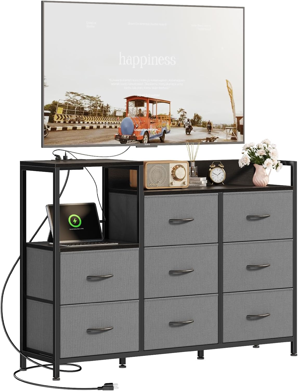 TV Stand for Up to 45 inch TV, Wood Top TV Media Console Table with 6 Fabric Drawers, 2 Shelves, Entertainment Center with LED Lights & Charging Station for Living Room, Hallway, Brown