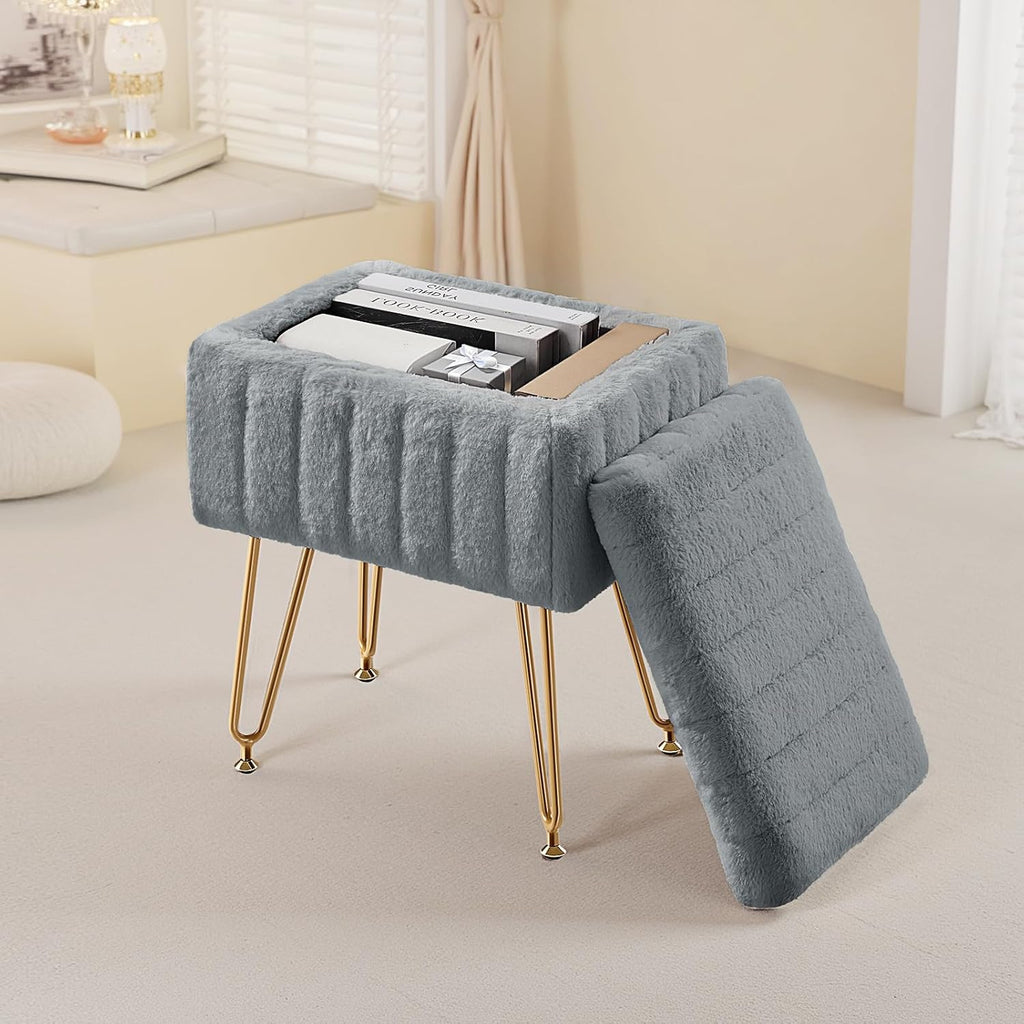 Vanity Stool Chair, Ottoman with Storage, Makeup Cute Soft Small Footstool, Modern Style Faux Fur Seat with 4 Metal Legs & Adjustable Feet for Dressing, Living Room Bedroom Dorm, Camel
