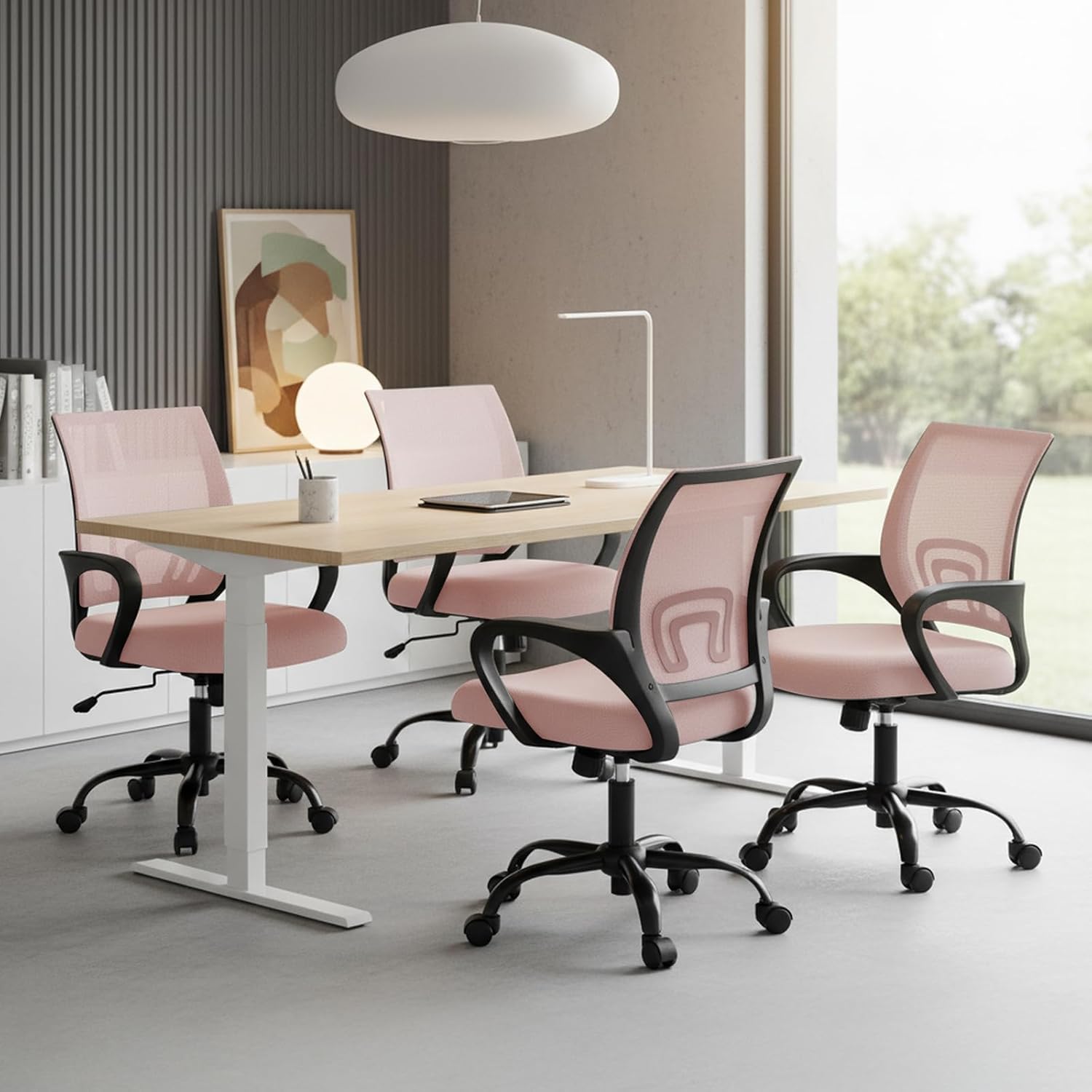 Office Desk Chair - Ergonomic Mid Back with Lumbar Support & Rocking Mode, Height Adjustable with Fixed Armrest, for Home, Computer, Gaming, Conference, Meeting Room, 360?? Swivel, Pink, 2 Pack