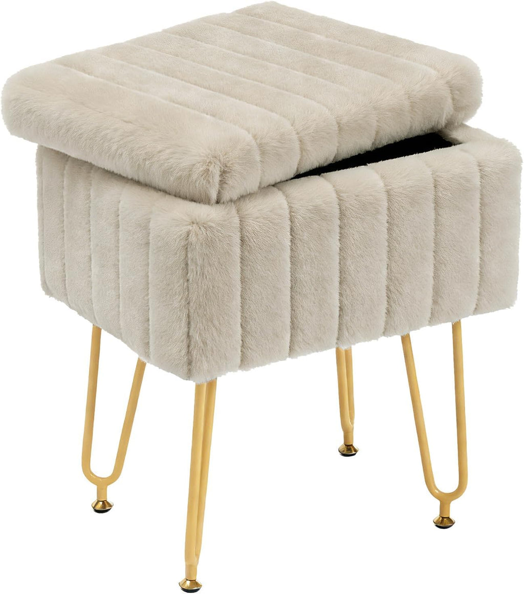 Vanity Stool Chair with Storage, Small Ottoman Faux Fur Soft Padded Footstools Seat with 4 Metal Legs Anti-Slip Adjustable Feet Modern Footrest for Home Entryway Bedroom Makeup Camel