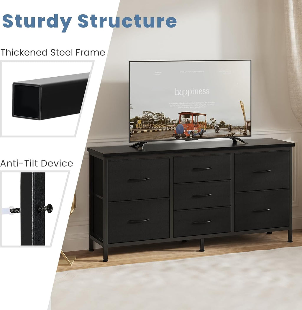 TV Stand 7 Drawer Dresser for Bedroom with Storage TV Stands for Living Room Black, Farmhouse Entertainment Center Media Console Table with Metal Frame Adjustable Feet