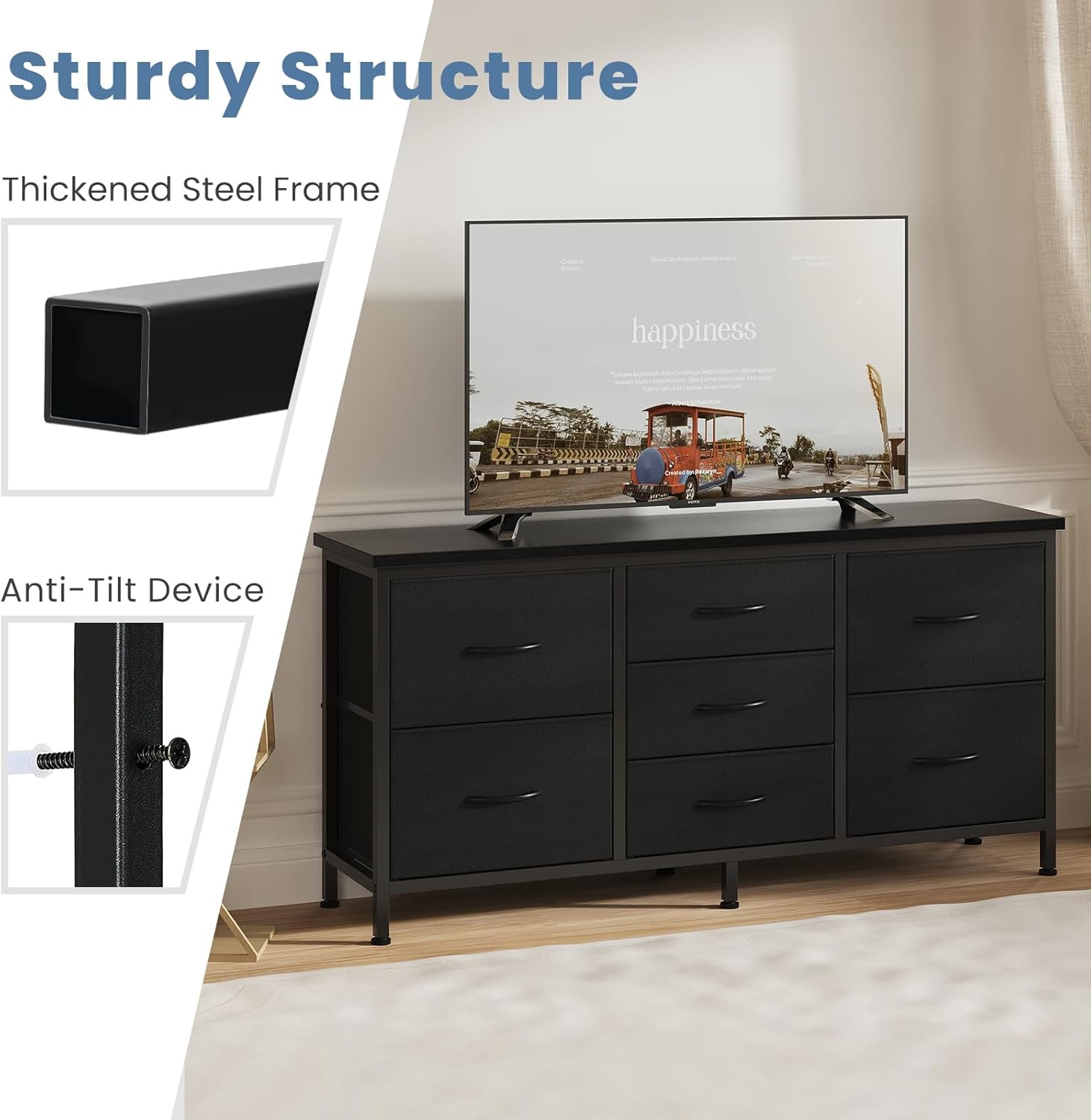 TV Stand 7 Drawer Dresser for Bedroom with Storage TV Stands for Living Room Black, Farmhouse Entertainment Center Media Console Table with Metal Frame Adjustable Feet