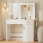 Makeup Vanity Desk, Vanity Table Set with Mirror and Lights, Small Vanity with Storage Bench, Charging Station and Hair Dryer Holder, Dressing Table with Drawer and Three Shelves, White