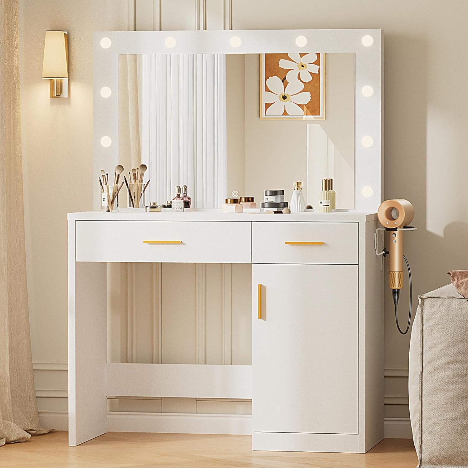 Makeup Vanity Desk, Vanity Table Set with Mirror and Lights, Small Vanity with Storage Bench, Charging Station and Hair Dryer Holder, Dressing Table with Drawer and Three Shelves, White