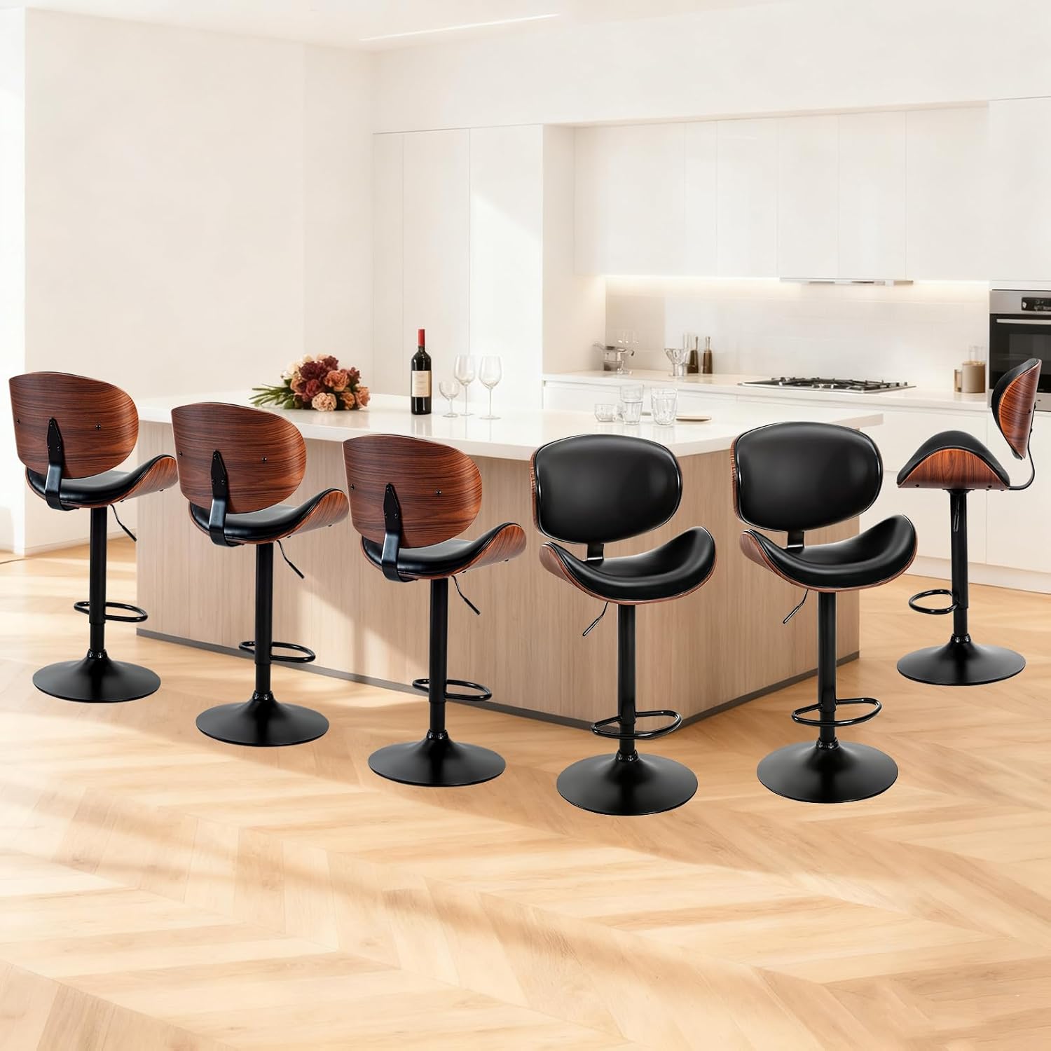 Swivel Bar Stools Set of 2, Adjustable Counter Height Bentwood BarStools, PU Leather Upholstery Bar Chair with Ergonomic Back and Footrest, Counter Stools for Bar, Home Kitchen Island, Brown