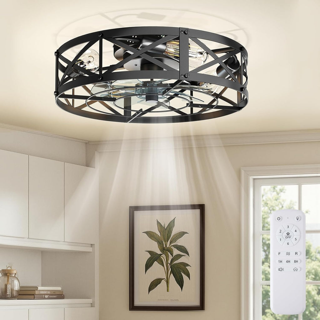 Ceiling Fans with Remote, Farmhouse Ceiling Fan, 22 Inch Low Profile Caged Fandelier, Flush Mount with 6 Wind Speeds, for Bedroom, Kitchen, Living Room, Bulbs Not Included, Black