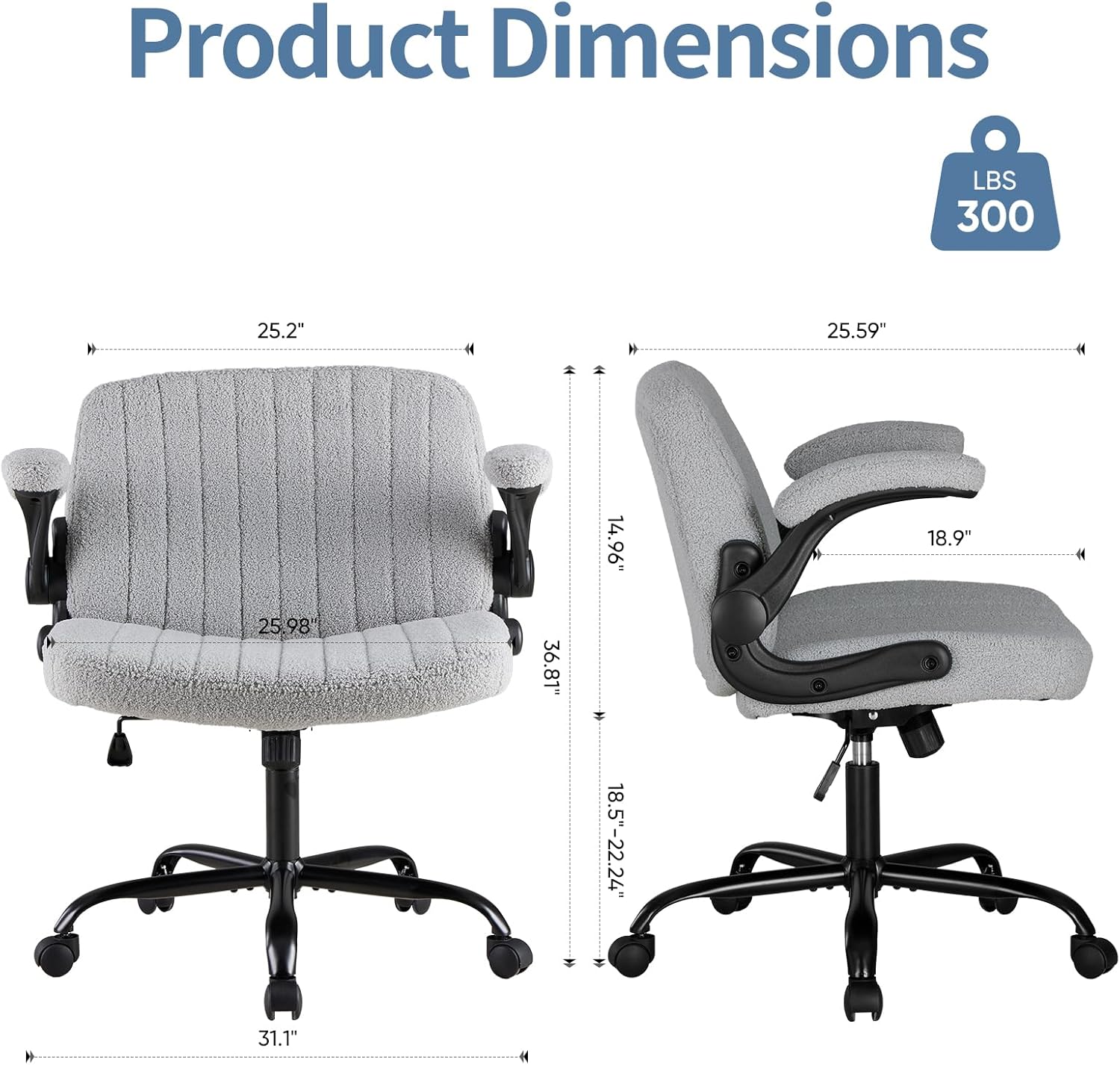 Criss Cross Office Chair with Wheels, Wide Cross Legged Desk Vanity Chair Comfy Fabric Flip-Arms Adjustable Swivel Chairs for Home Computer Bedroom, Grey