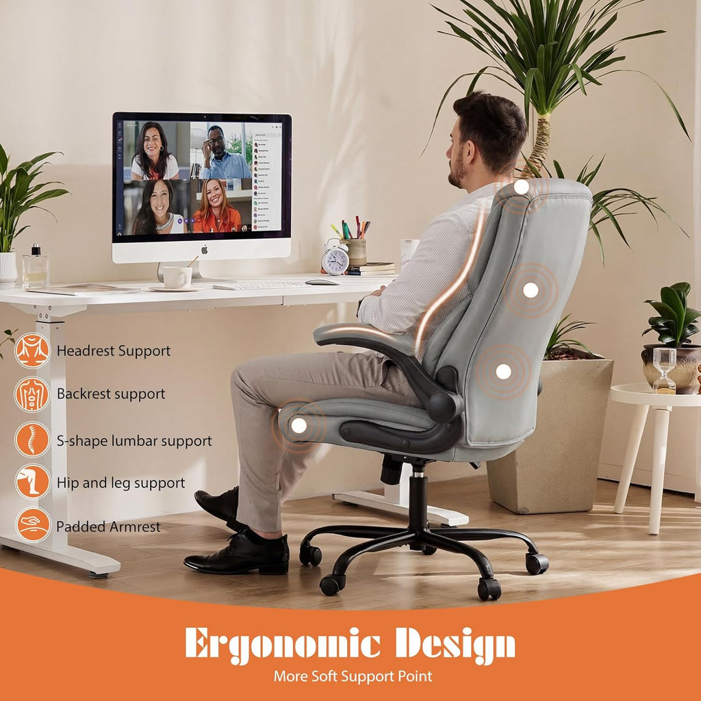 Office Computer Gaming Chair, Ergonomic High Back Heavy Duty Task Desk Chairs with Wheels, Flip-up Arms, Adjustable Height, PU Leather, Grey