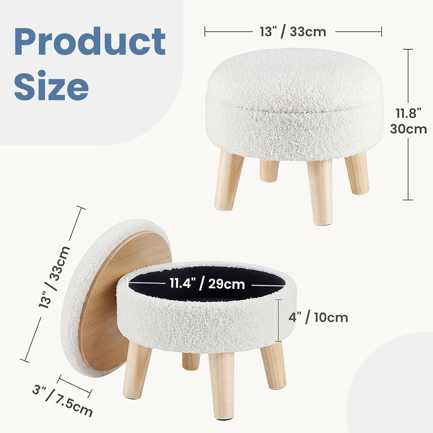 Round Storage Ottoman with Reversible Tray Lid, Multi-Functional Footrest, Teddy Velvet Footstool with Wood Legs, Small Coffee Table for Living Room, Bedroom, Beige