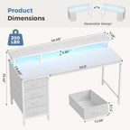 Computer Desk with 4 Drawers,4 Drawer Gaming Desk with Power Outlets and LED Lights,Office Desk for Small Spaces with Monitor Shelf,Writing Desk for Home Office, Bedroom,Study 45 Inch White