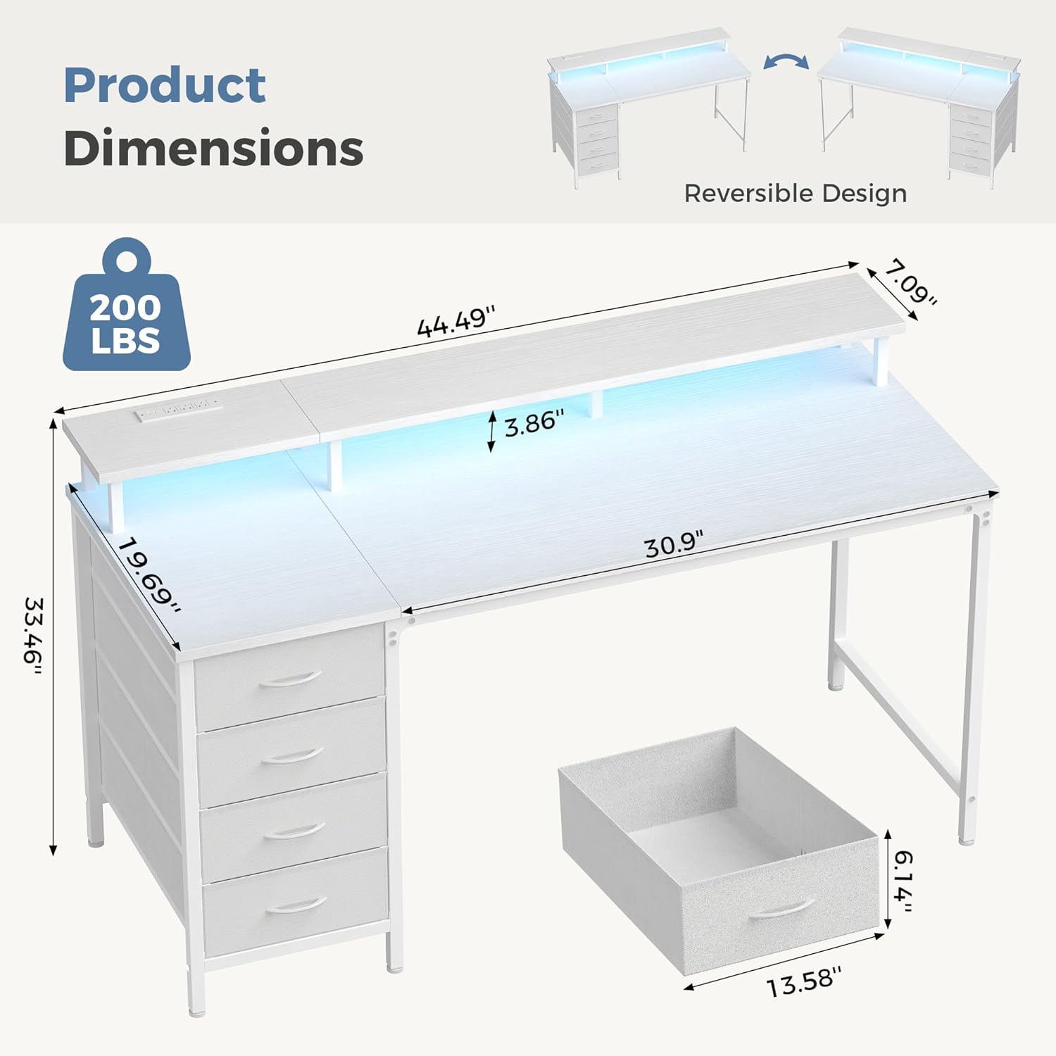 Computer Desk with 4 Drawers,4 Drawer Gaming Desk with Power Outlets and LED Lights,Office Desk for Small Spaces with Monitor Shelf,Writing Desk for Home Office, Bedroom,Study 45 Inch White