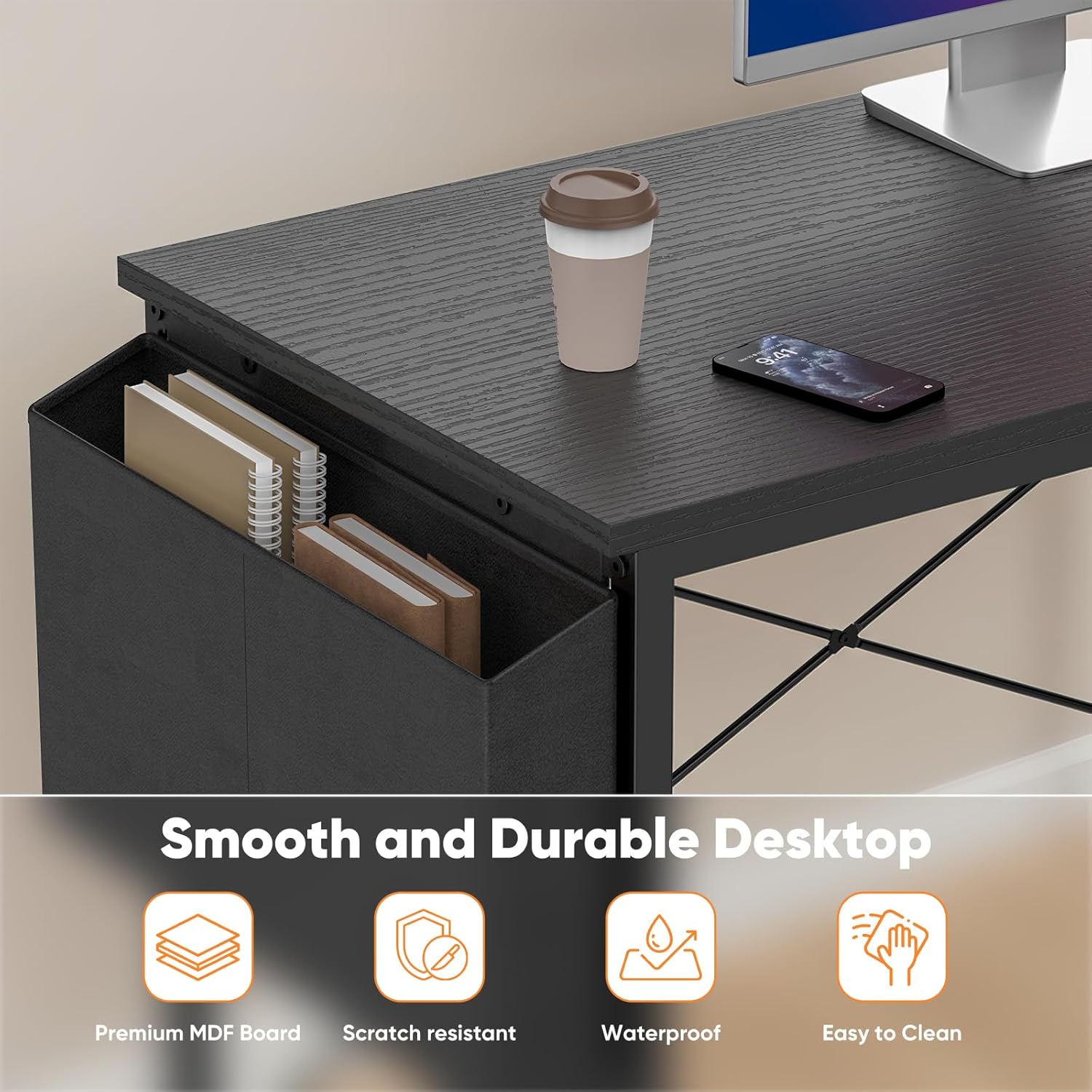 L Shaped Desk Corner Computer Table 47 Inch, L-Shaped Gaming Desks with Storage Shelf Reversible, Wood Tables with Side Bag Adjustable Feet for 2 Monitors Small Space Home Office Bedroom, Black