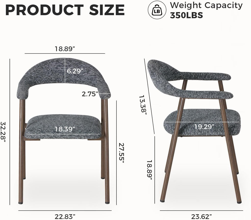 Dining Chairs Set of 2, Linen Fabric Upholstered Kitchen Side Chairs with Curved Backrest & Metal Legs, Modern Farmhouse Accent Chairs for Dining Room Kitchen Living Room Cafe, Gray