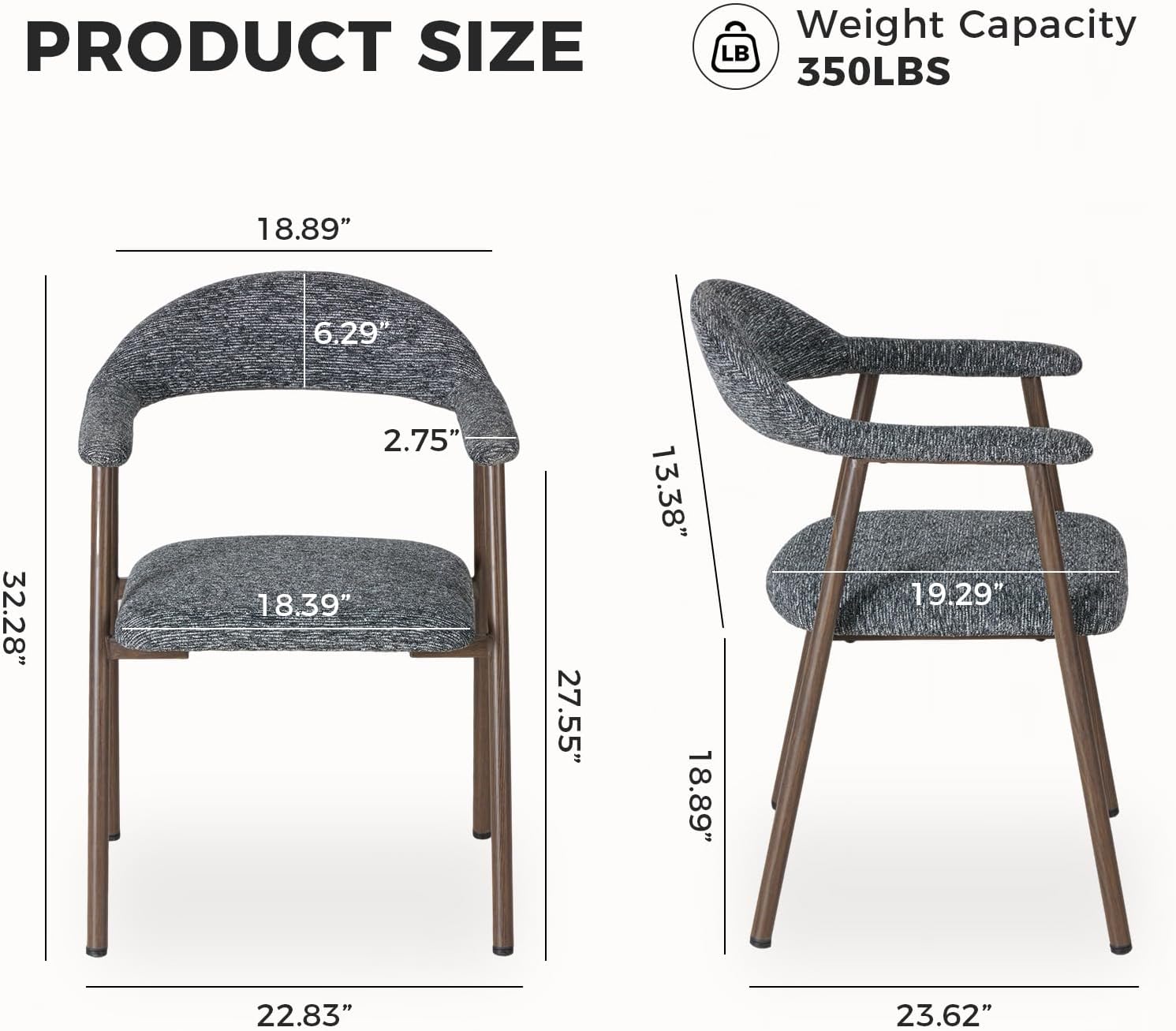 Dining Chairs Set of 2, Linen Fabric Upholstered Kitchen Side Chairs with Curved Backrest & Metal Legs, Modern Farmhouse Accent Chairs for Dining Room Kitchen Living Room Cafe, Gray