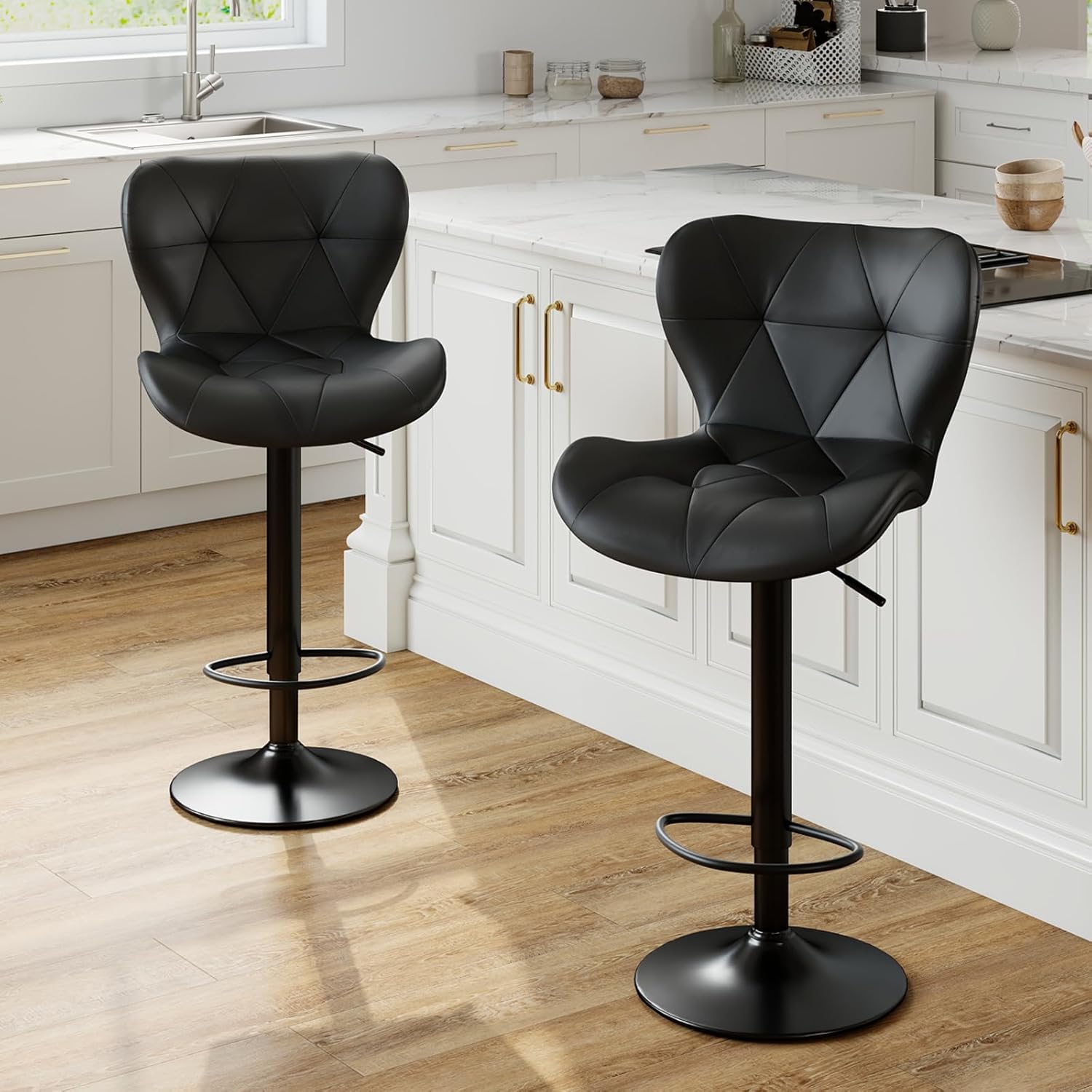 Modern Bar Stools Set of 4, Adjustable Faux Leather Upholstered Swivel Bar Stools, Counter Height Bar Chairs with Back for Kitchen Island, Grey