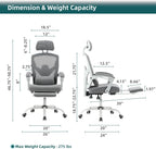 Home Office Desk Chair with Footrest, High-Back Mesh Rolling Swivel Reclining Chairs with Wheels, Comfortable Headrest, Lumbar Support, Comfy Arms for Home, Office, Gaming, Student,Elegant Grey