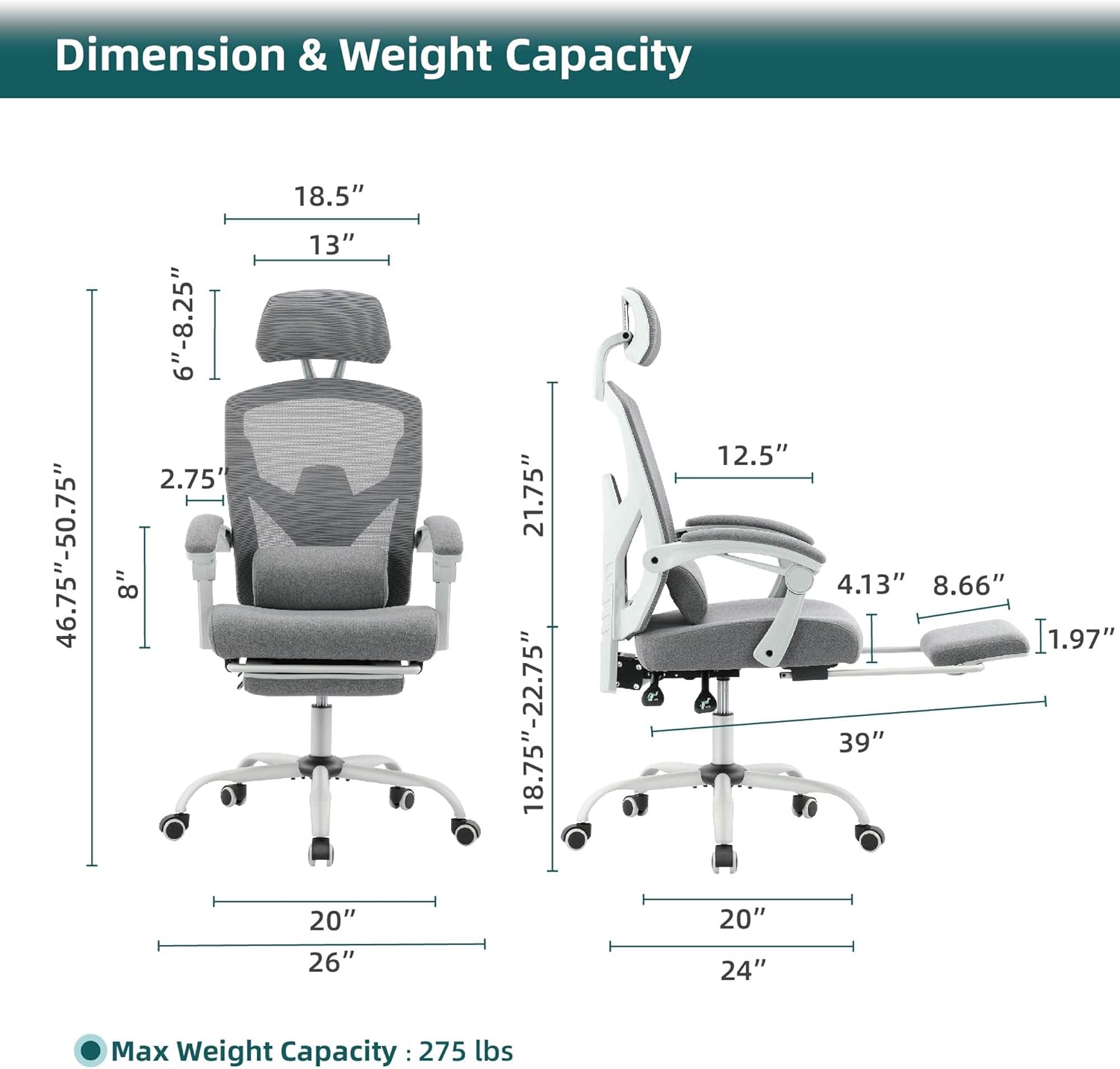 Home Office Desk Chair with Footrest, High-Back Mesh Rolling Swivel Reclining Chairs with Wheels, Comfortable Headrest, Lumbar Support, Comfy Arms for Home, Office, Gaming, Student,Elegant Grey