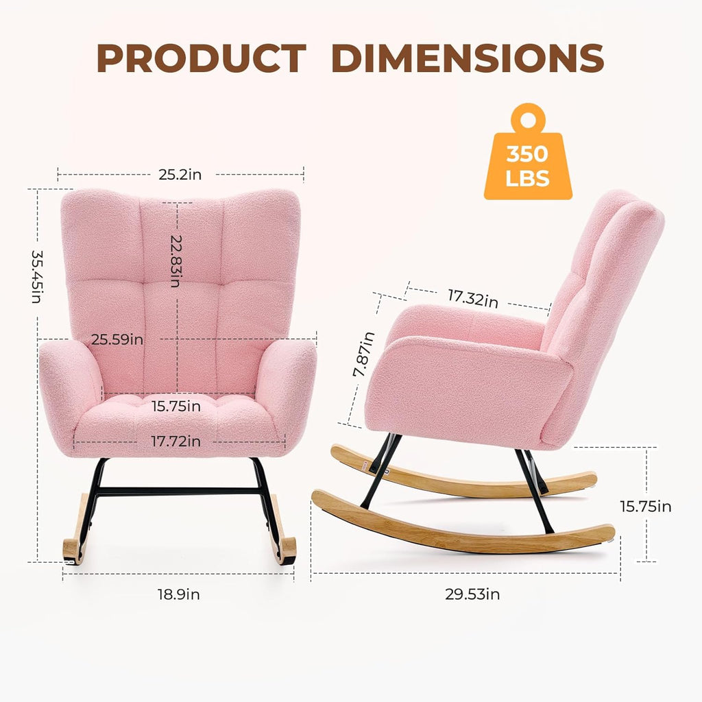 Nursery Rocking Chair Teddy Upholstered, Comfy Glider Rocker with High Backrest Armchair Padded Seat, Accent Side Chair for Living Room Bedroom Offices Small Spaces Indoor, Pink