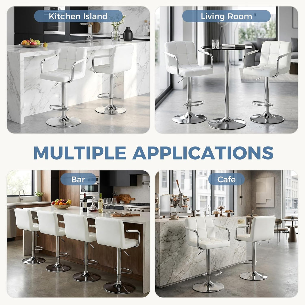 Bar Stools Set of 4, Adjustable Swivel Bar Chairs with Padded Armrests and Ergonomic Backrest for Kitchen Island Counter Pub Dining Room, Water-Resistant PU Leather, White