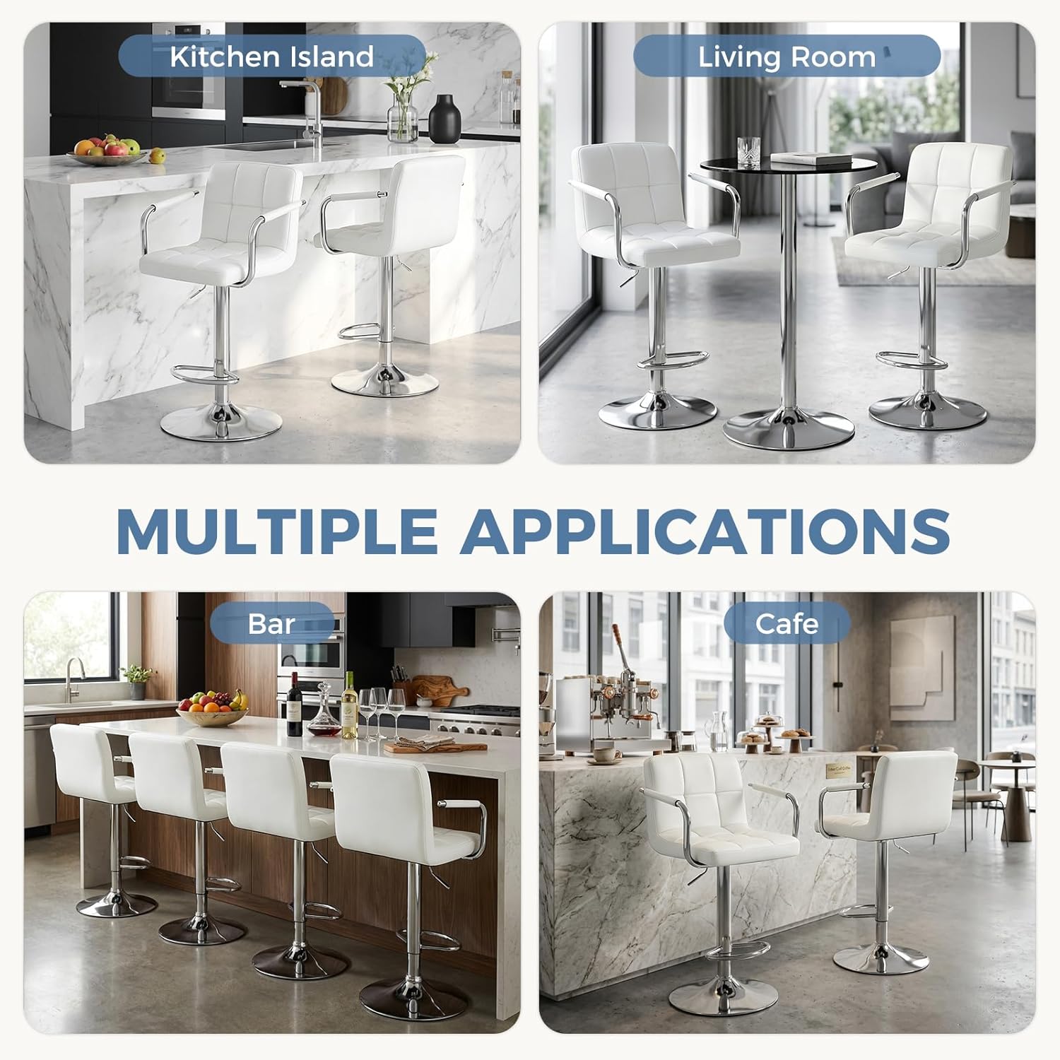 Bar Stools Set of 4, Adjustable Swivel Bar Chairs with Padded Armrests and Ergonomic Backrest for Kitchen Island Counter Pub Dining Room, Water-Resistant PU Leather, White