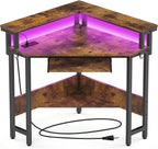 Conner Desk Home Office Computer Desk for Small Space with Storage Shelves Power Outlets Monitor Stand Keyboard Tray for Bedroom with LED Lights Gaming Table, Rustic Brown