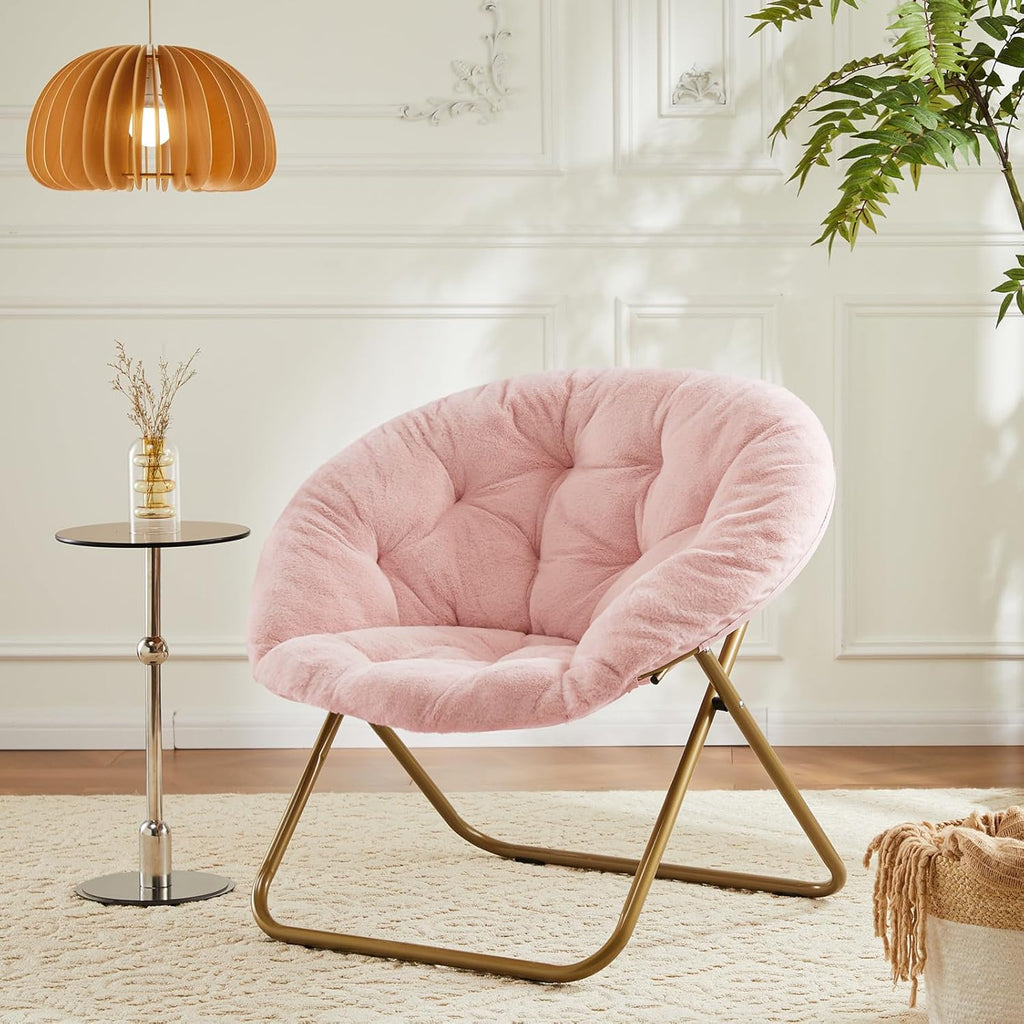 Comfy Saucer Chair,Faux Fur Lounge Seasting XL Circle Chair for Bedroom, Dorm & Gaming, Foldable Fashion Accent Seat for Small Spaces, Folding Moon/Mushroom/Round Oversized Style,Hot Pink