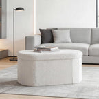 30 Inches Folding Storage Ottoman Bench, Oval Round Ottoman End of Bed Foot Rest Bench Stool with Cushion, Storage Chest for Bedroom, Living Room, Entryway, White
