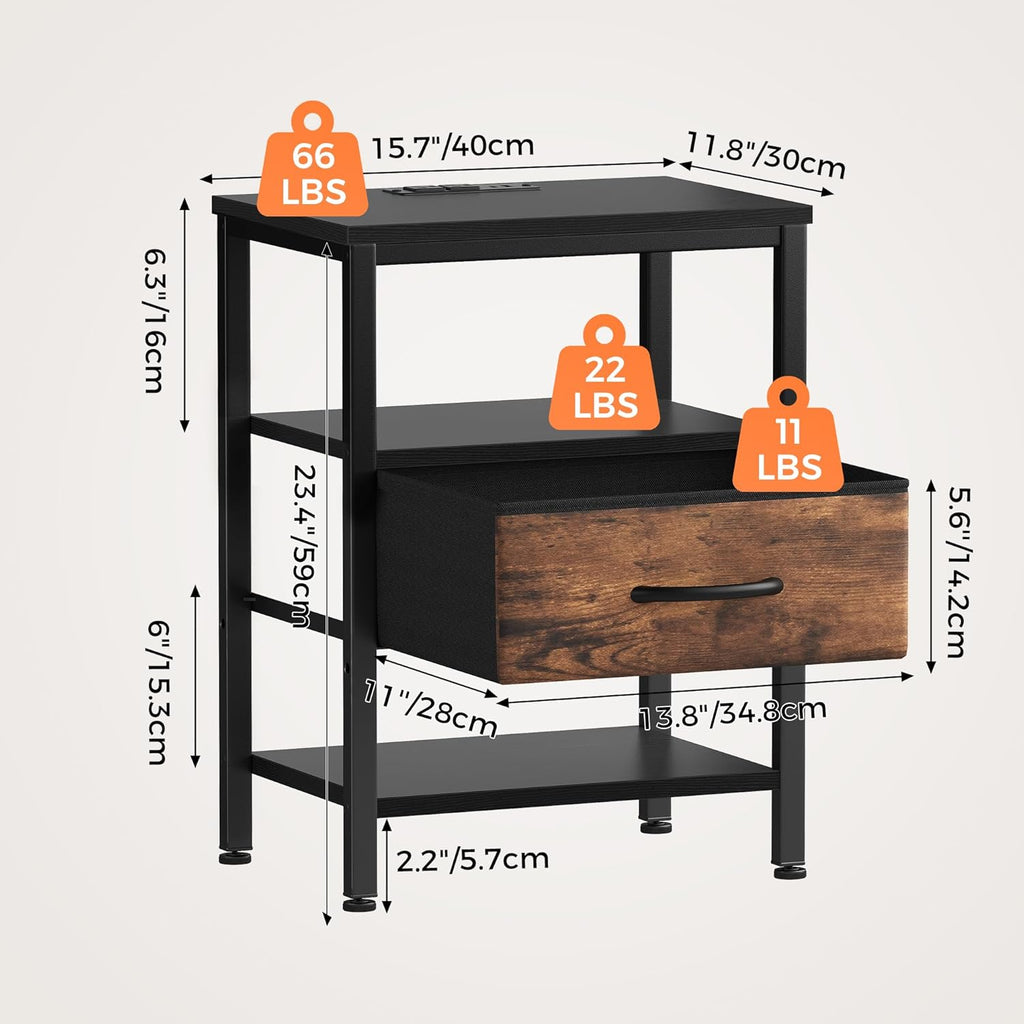 Nightstand with Charging Station, Bedside Tables with USB Ports and Fabric Drawer, Small Night Stand with Open Adjustable Shelf, Compact End Table for Bedroom, Black & Rust