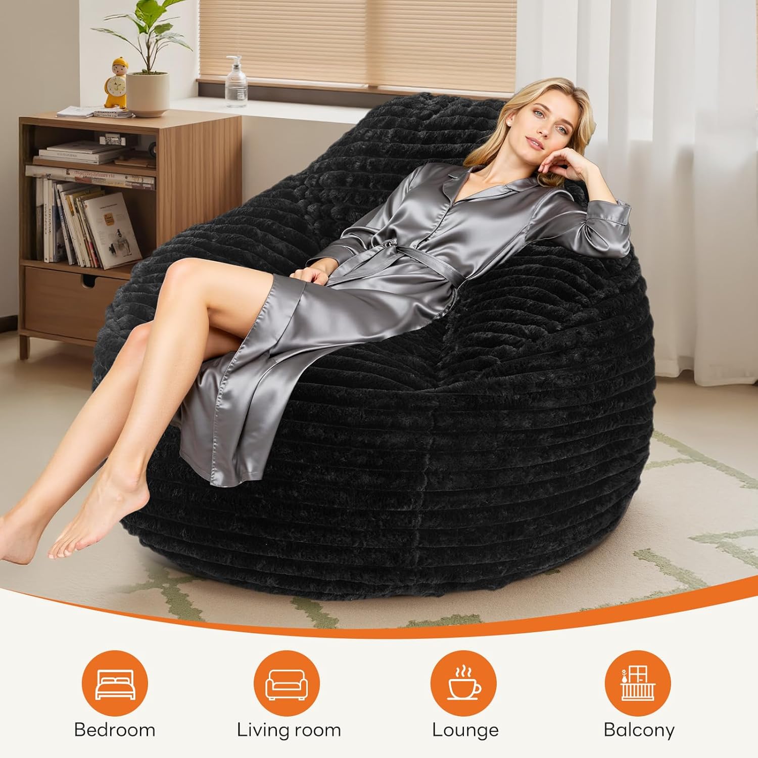 Bean Bag Chair, 39 Inch Bean Bags for Adults and Kids, Chair with Memory Foam Filled, Bean Bag Couch with Backrest and Armrests, Comfy Sofa for Living Room, Bedroom and Dorm, Black