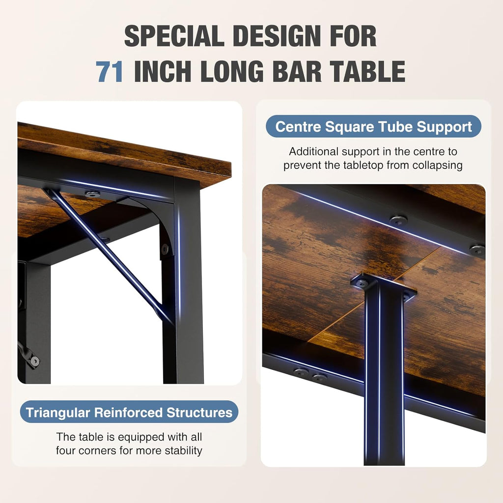 71 inch Bar Table, Counter Bar Height Pub Table, Rectangular High Top Coffee Table, Narrow Long Kitchen & Dining Tables with Triangular Reinforced Structures and Centre Column Support, Rust